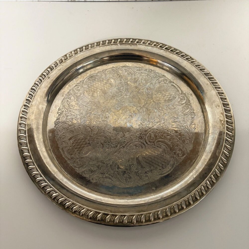 Leonard Silver Plated Engraved Round Serving Tray 12" Elegant Ornate Vintage